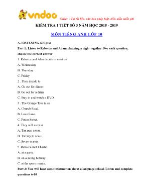 Đề kiểm tra 1 tiết số 3 môn Tiếng Anh Khối 10 - Năm học 2018-2019